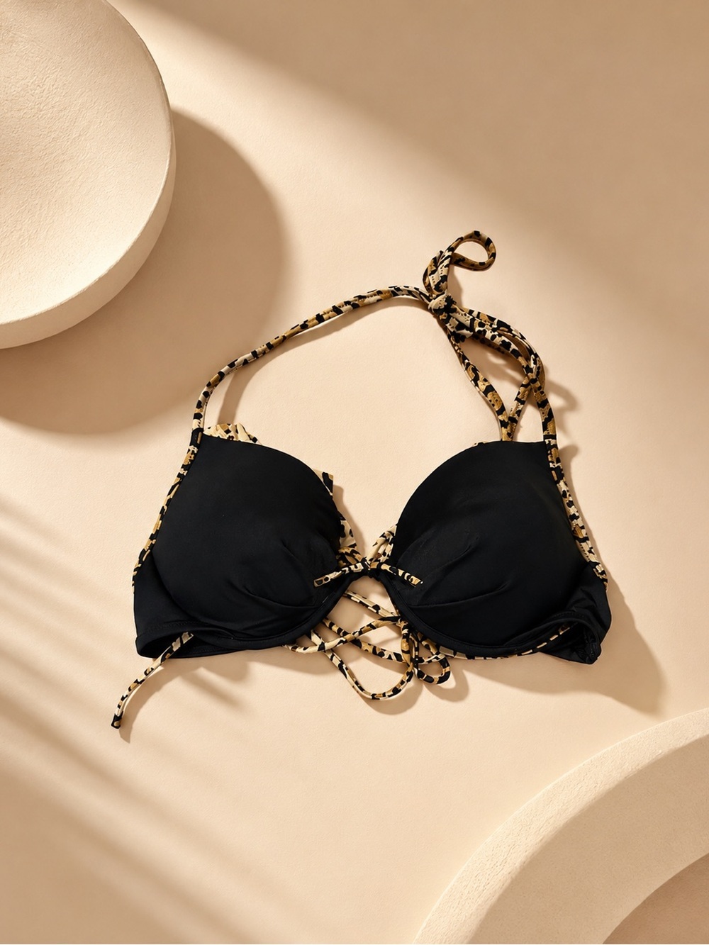 Victoria's Secret Black Push-Up Halter Bikini Top | Leopard Trim Lace-Up 34C